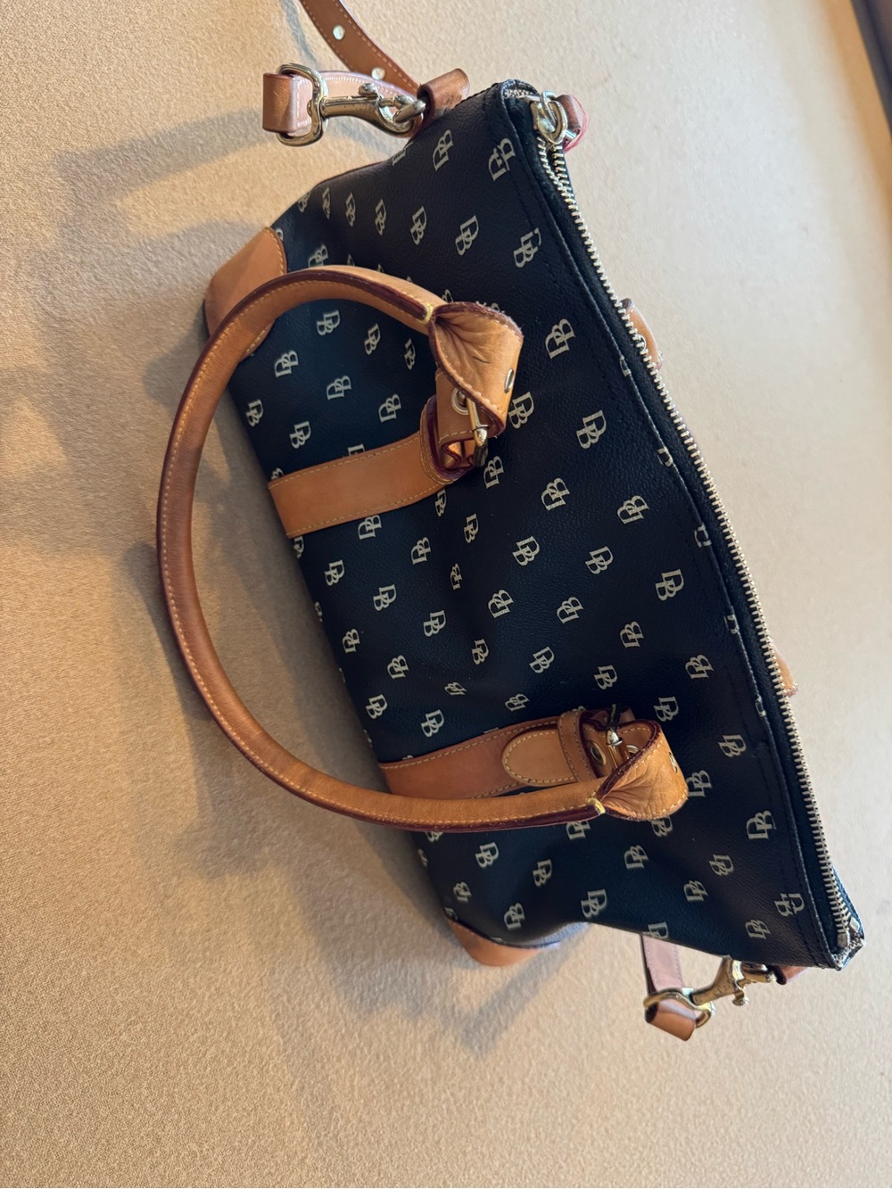 Dooney & Bourke Black Logo Leather Shoulder Bag with Brown Leather Trim - Picture 2 of 5